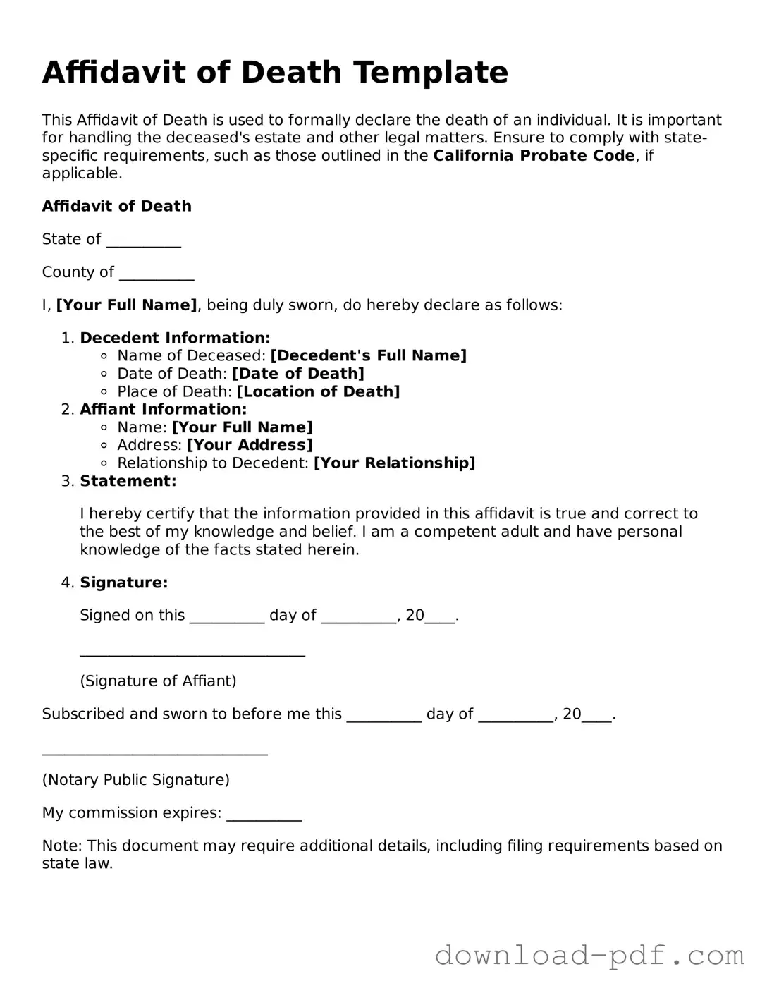 Free Affidavit of Death Template