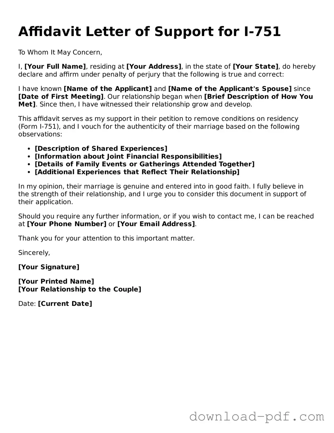 Free Affidavit Letter of Support for I-751 Template