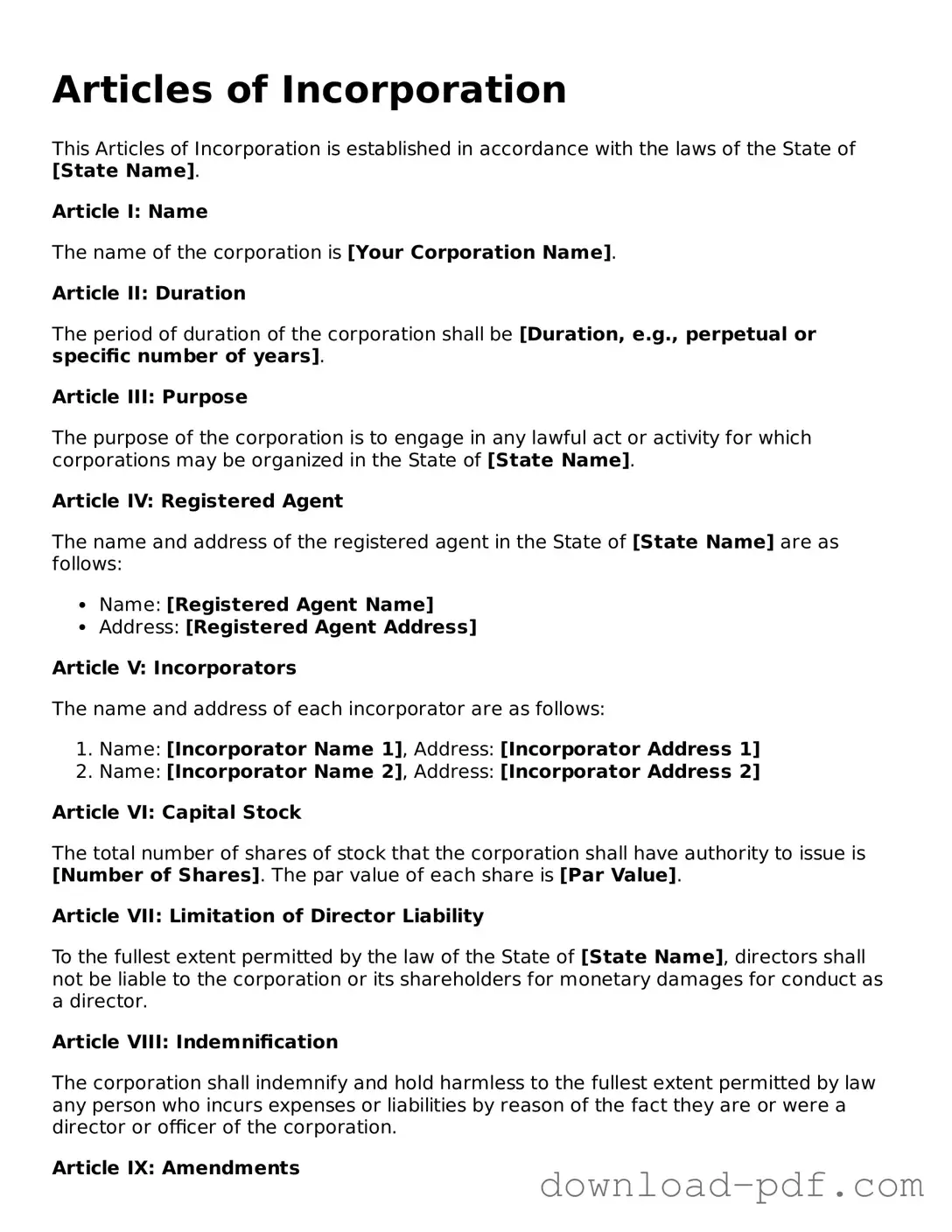 Free Articles of Incorporation Template