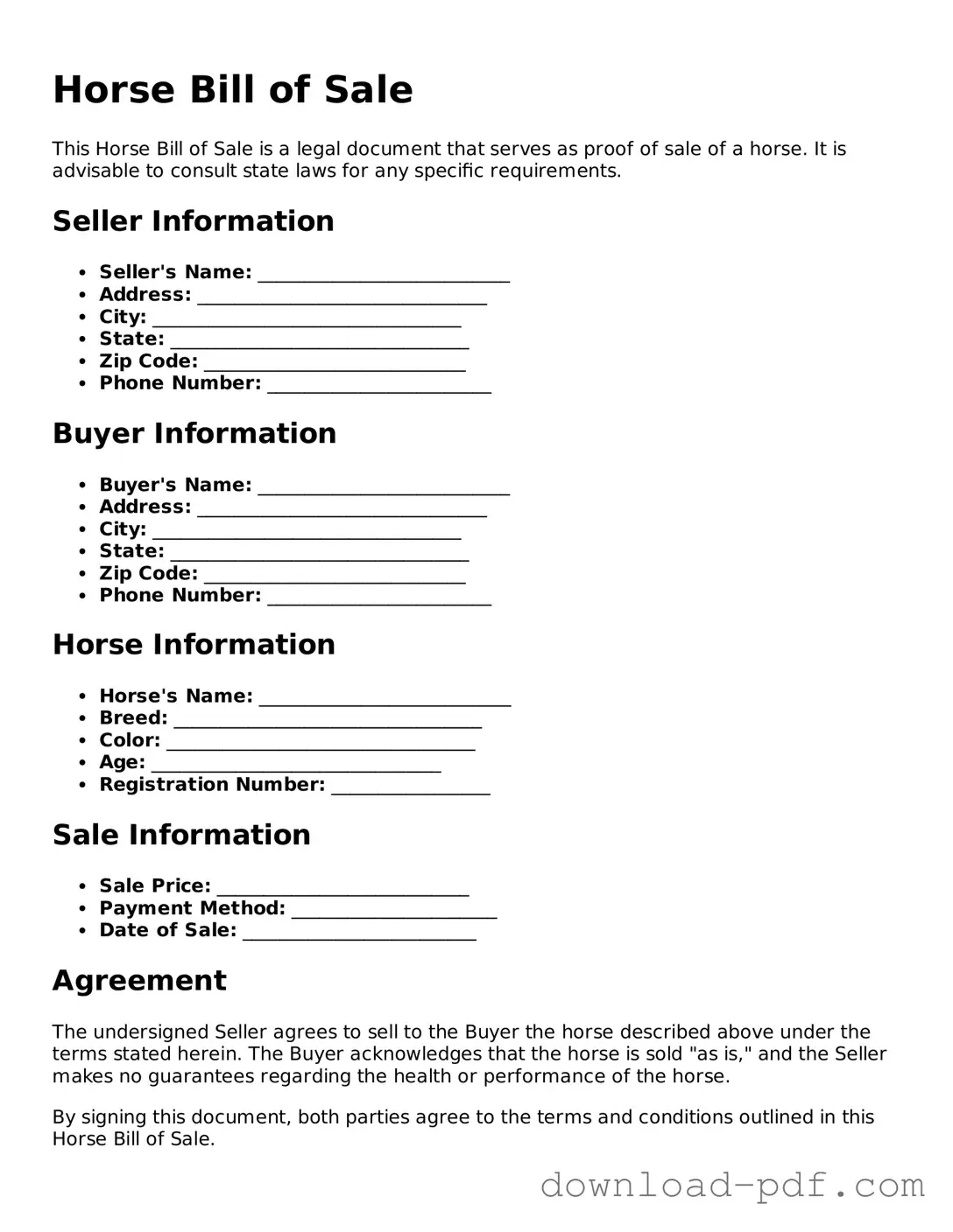 Free Horse Bill of Sale Template