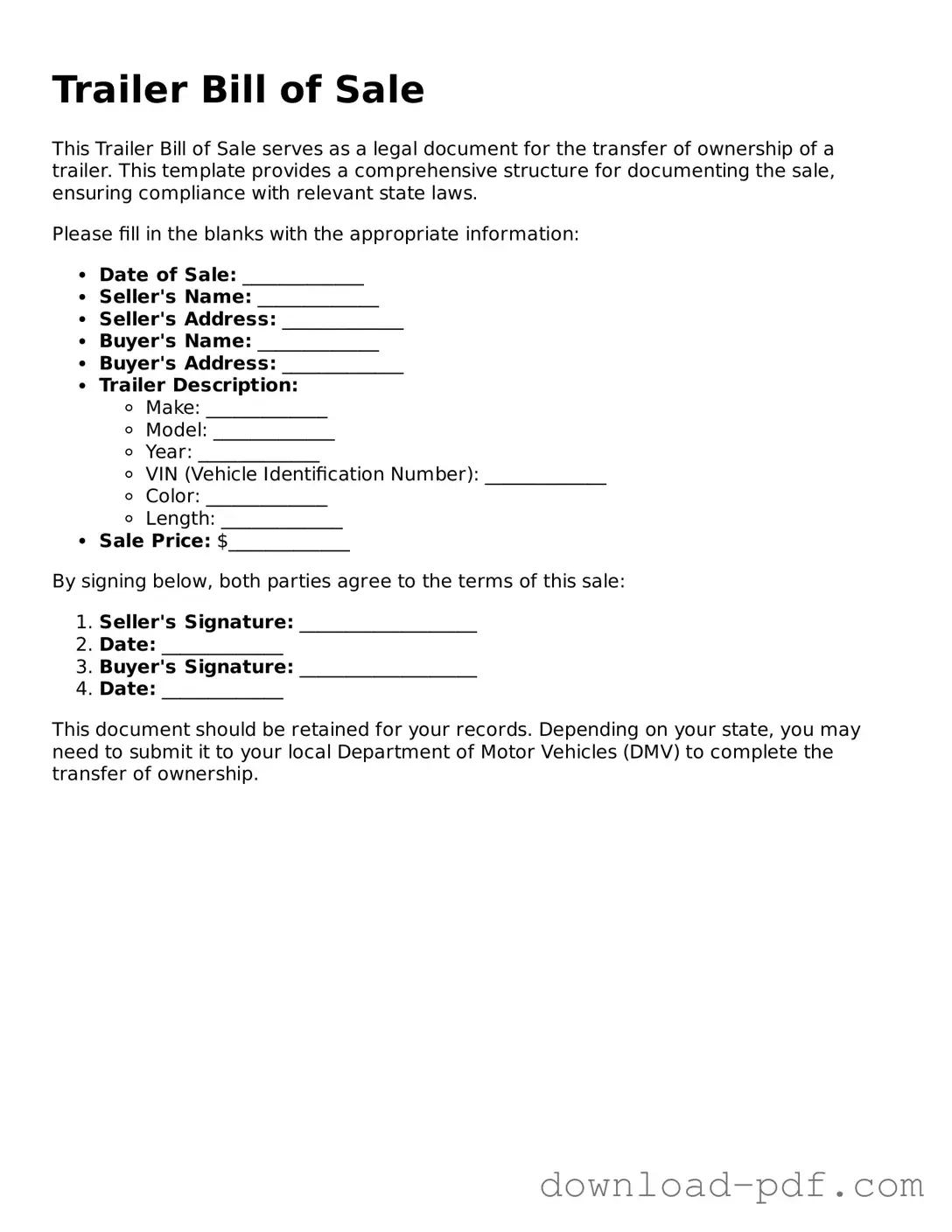 Free Trailer Bill of Sale Template
