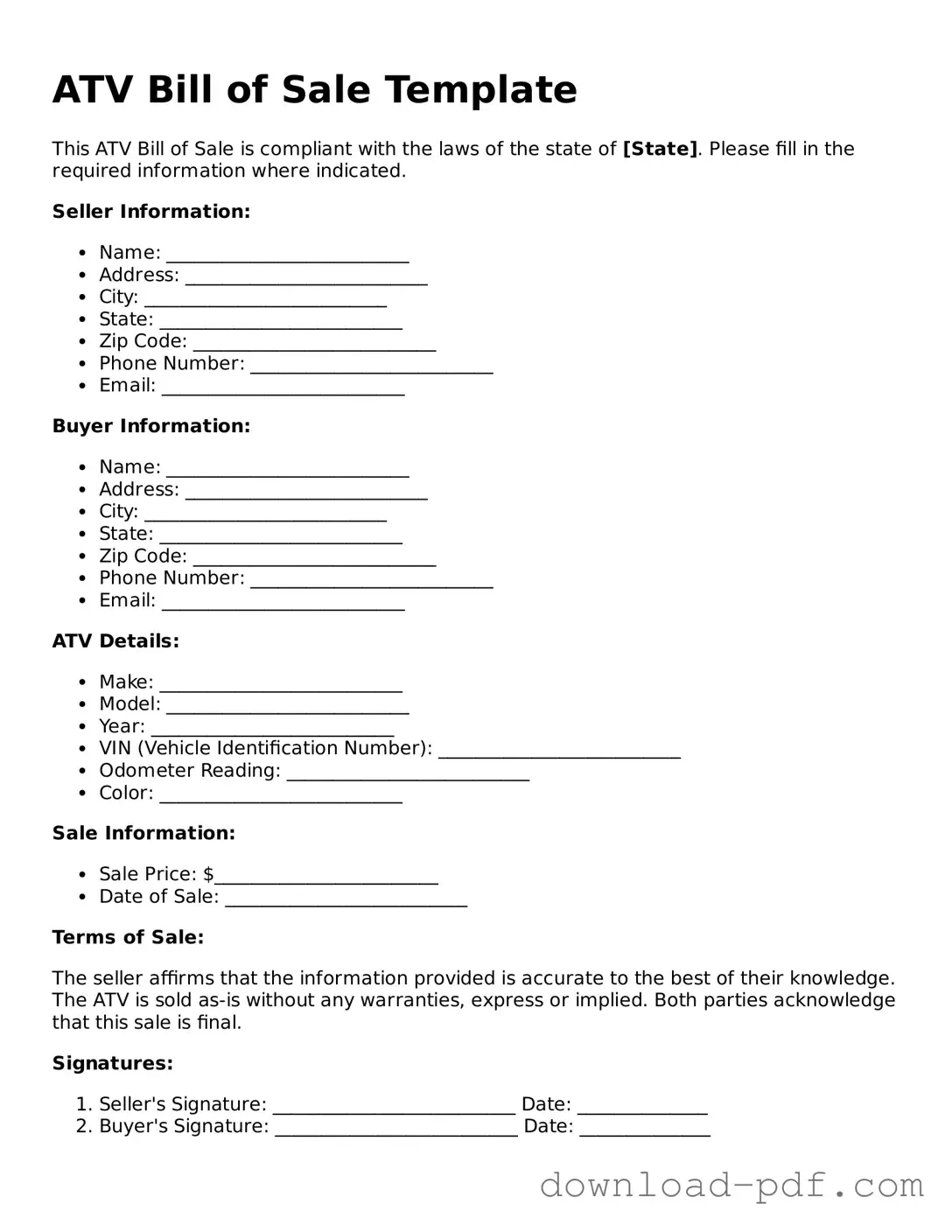 Free ATV Bill of Sale Template