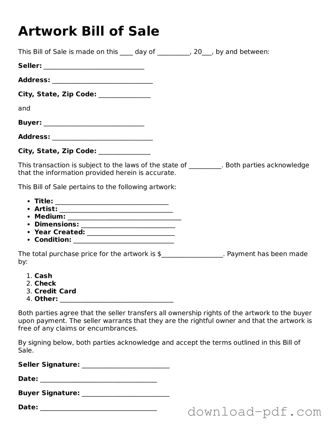 Free Artwork Bill of Sale Template