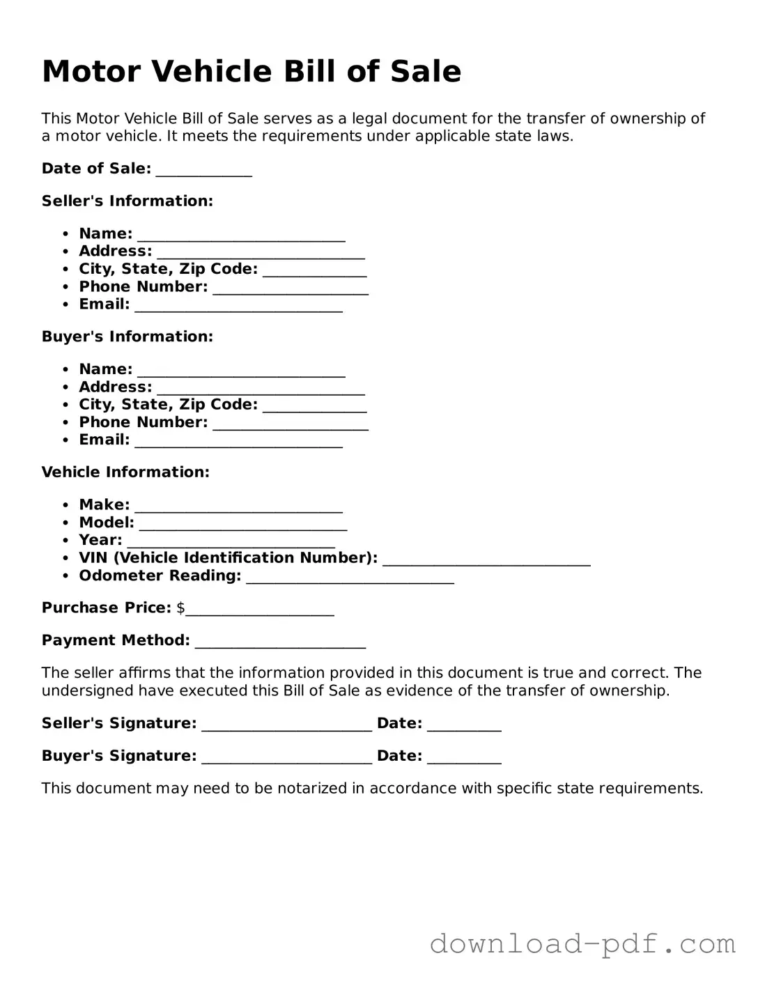Free Motor Vehicle Bill of Sale Template