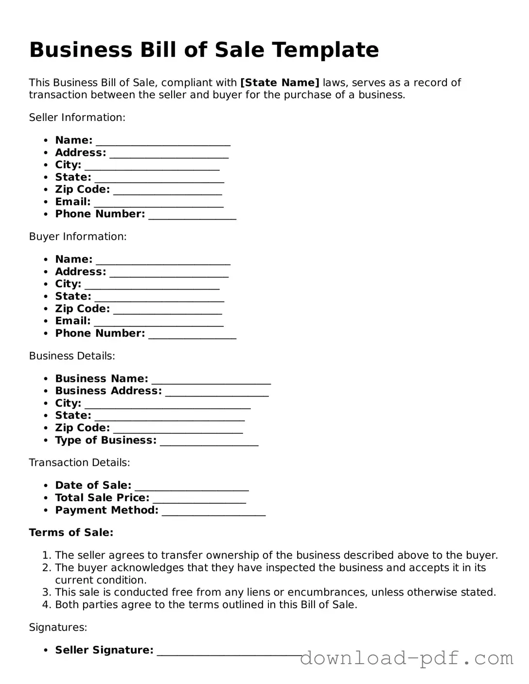 Free Business Bill of Sale Template