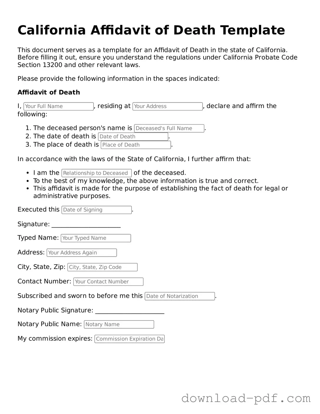 California Affidavit of Death Document