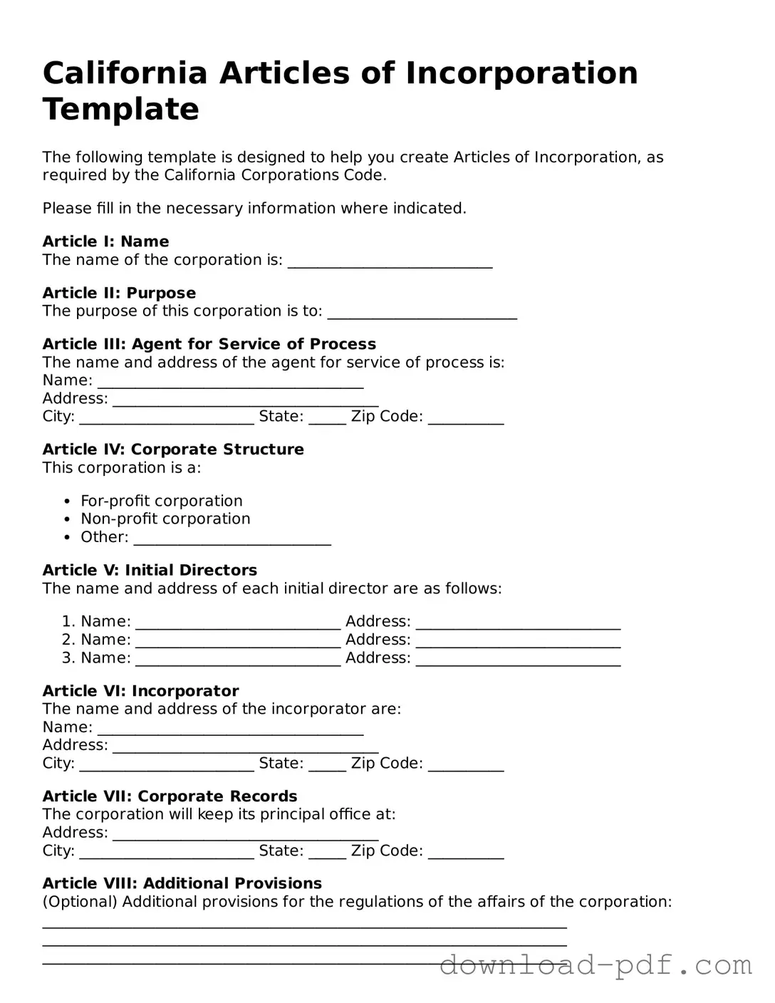 California Articles of Incorporation Document