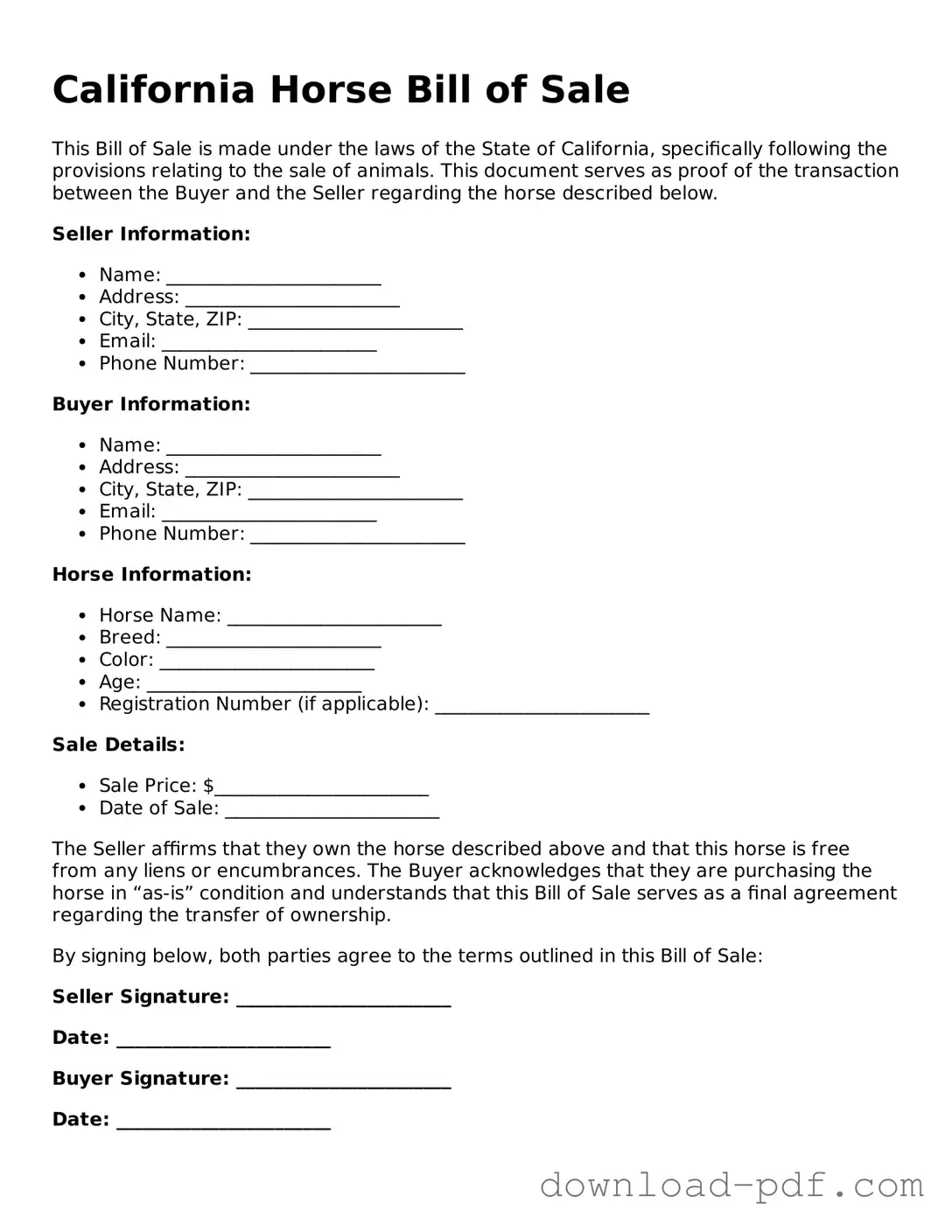 California Horse Bill of Sale Document
