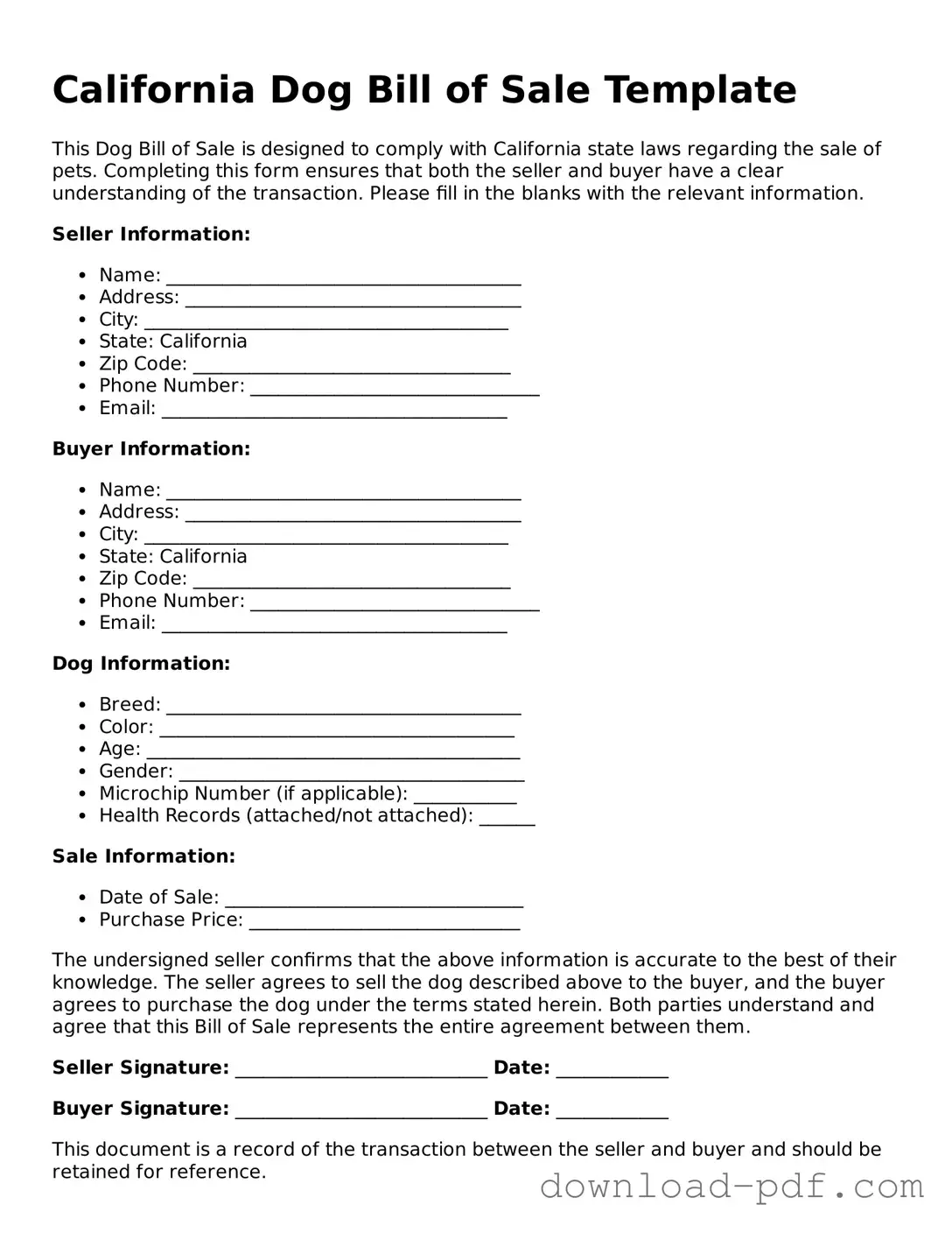 California Dog Bill of Sale Document