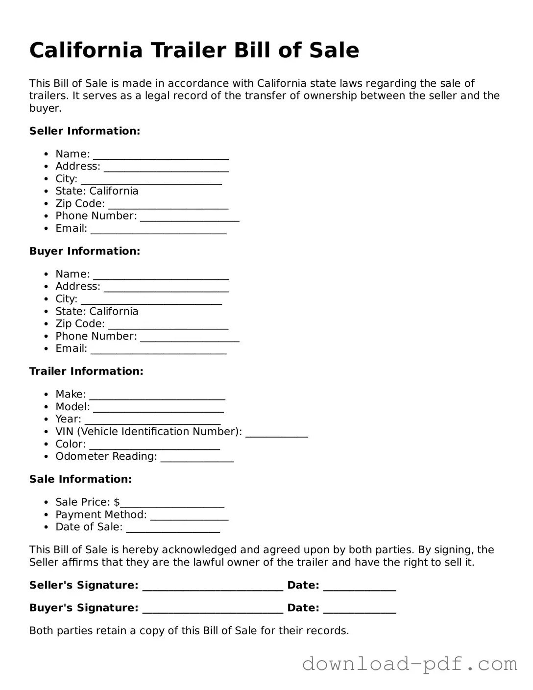 California Trailer Bill of Sale Document