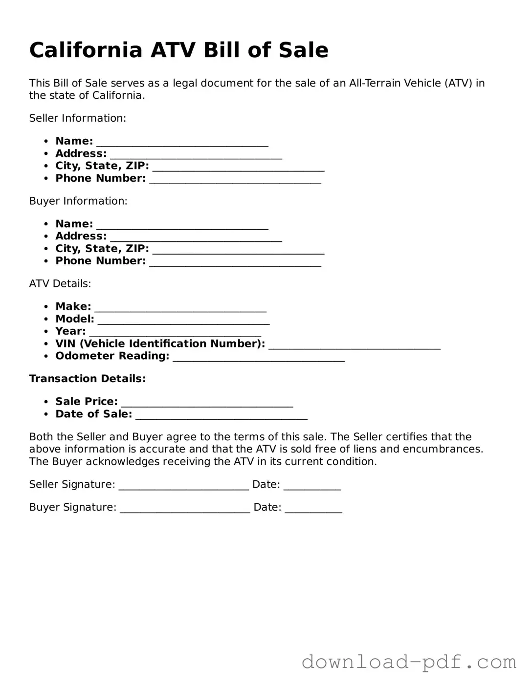 California ATV Bill of Sale Document