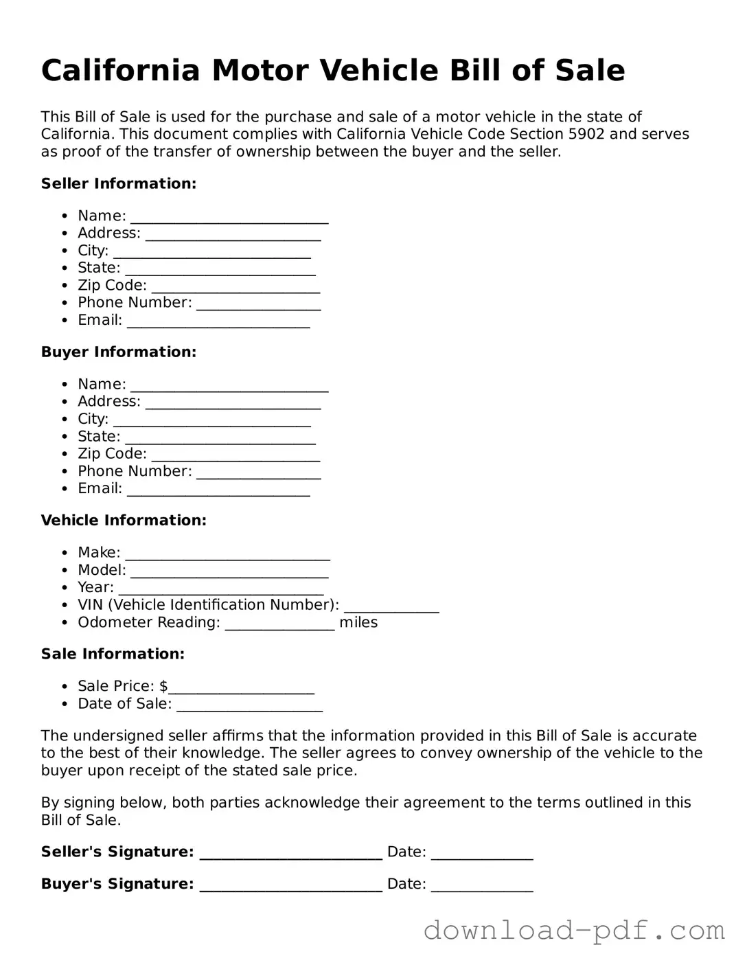 California Motor Vehicle Bill of Sale Document