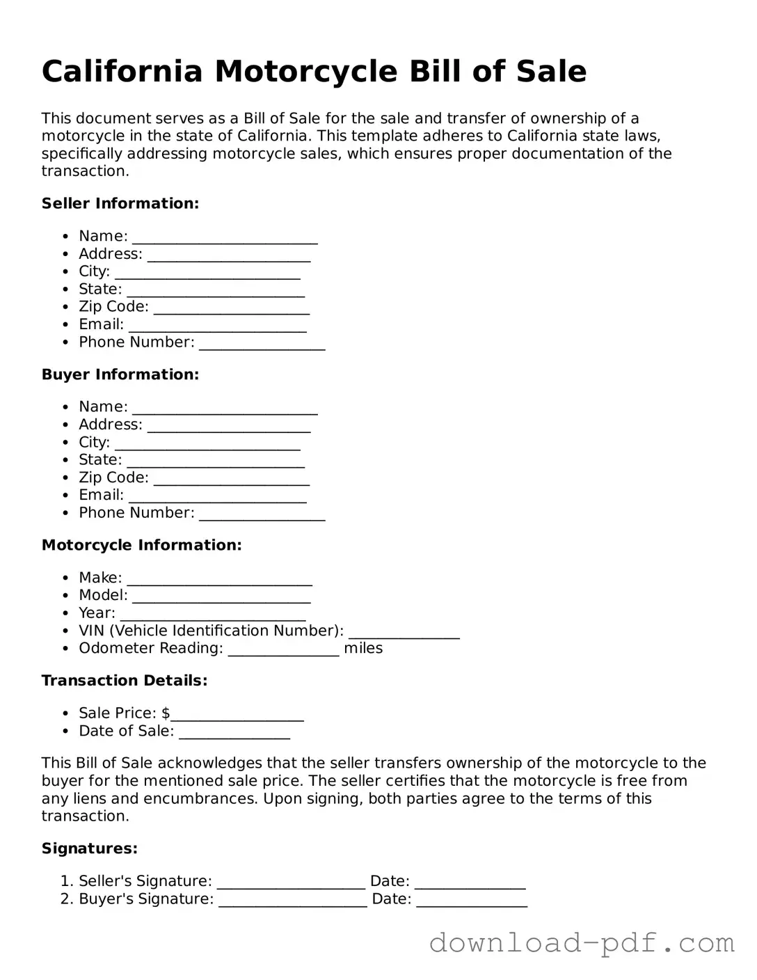 California Motorcycle Bill of Sale Document