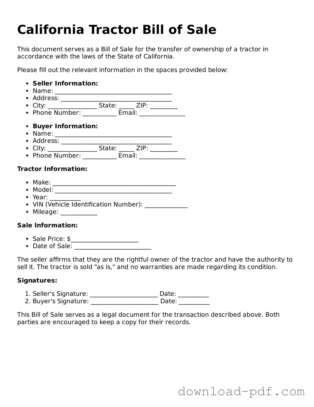 California Tractor Bill of Sale Document