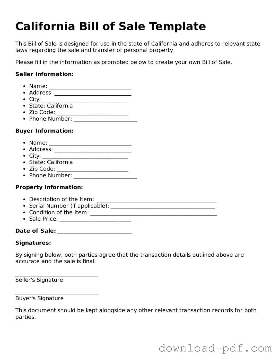 California Bill of Sale Document