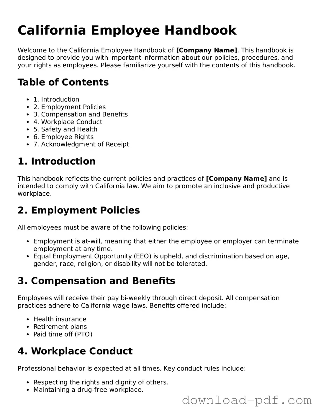 California Employee Handbook Document