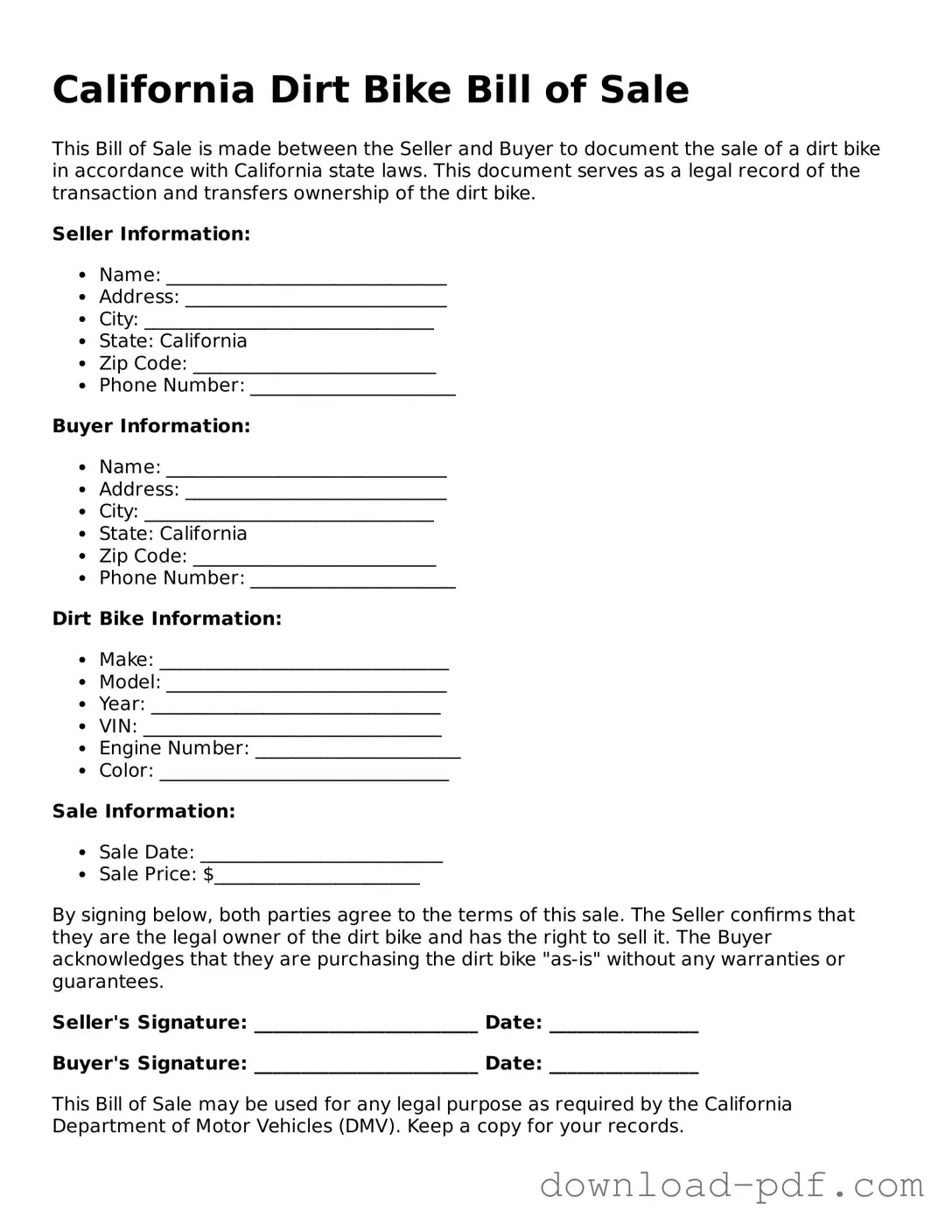 California Dirt Bike Bill of Sale Document