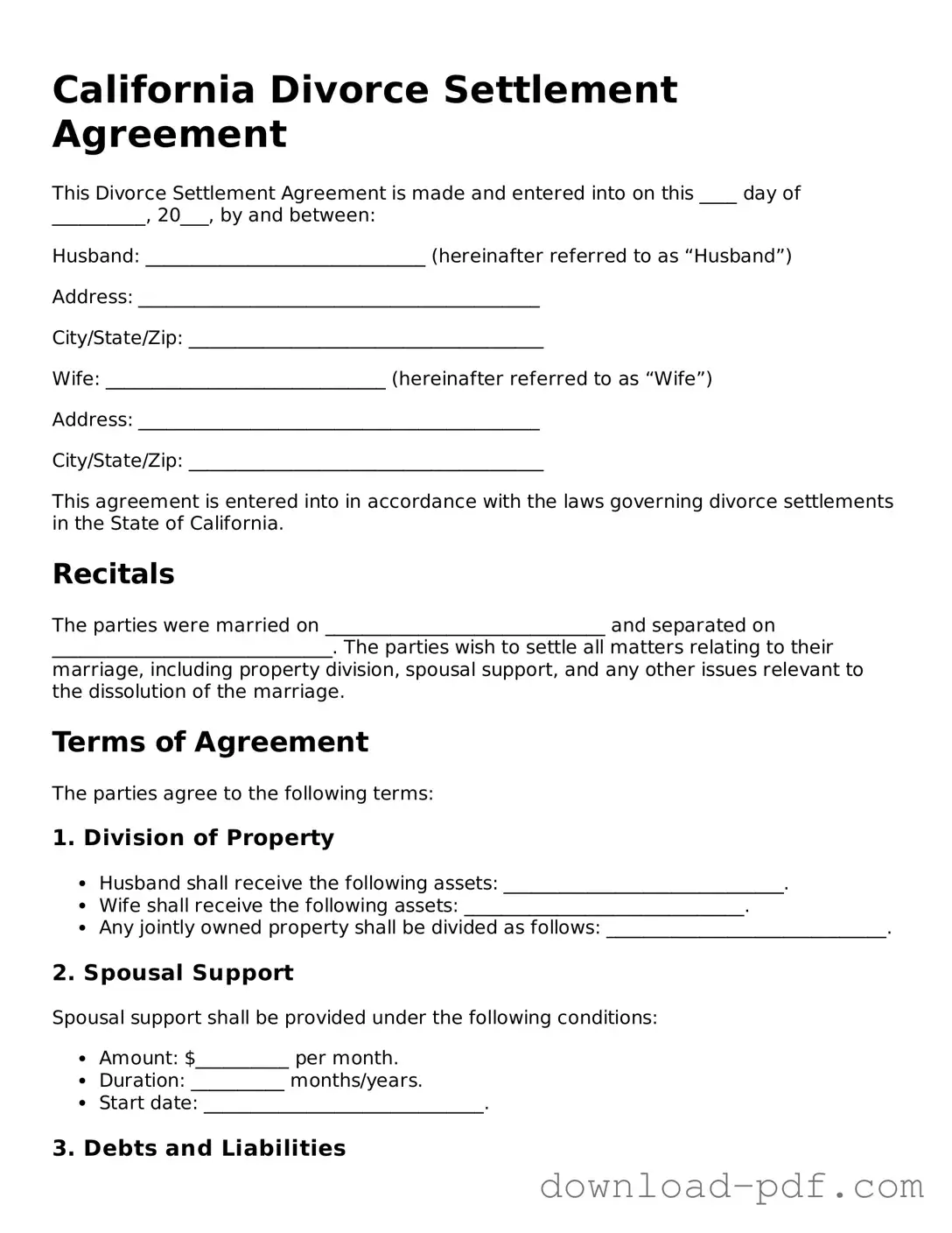 California Divorce Settlement Agreement Document