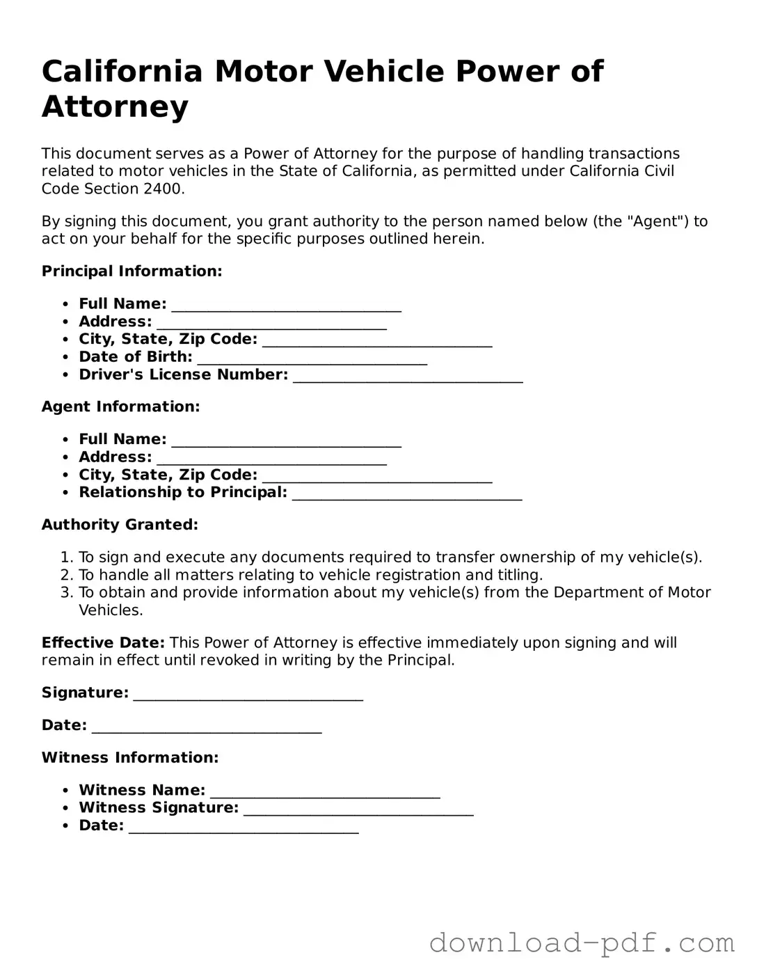 California Motor Vehicle Power of Attorney Document