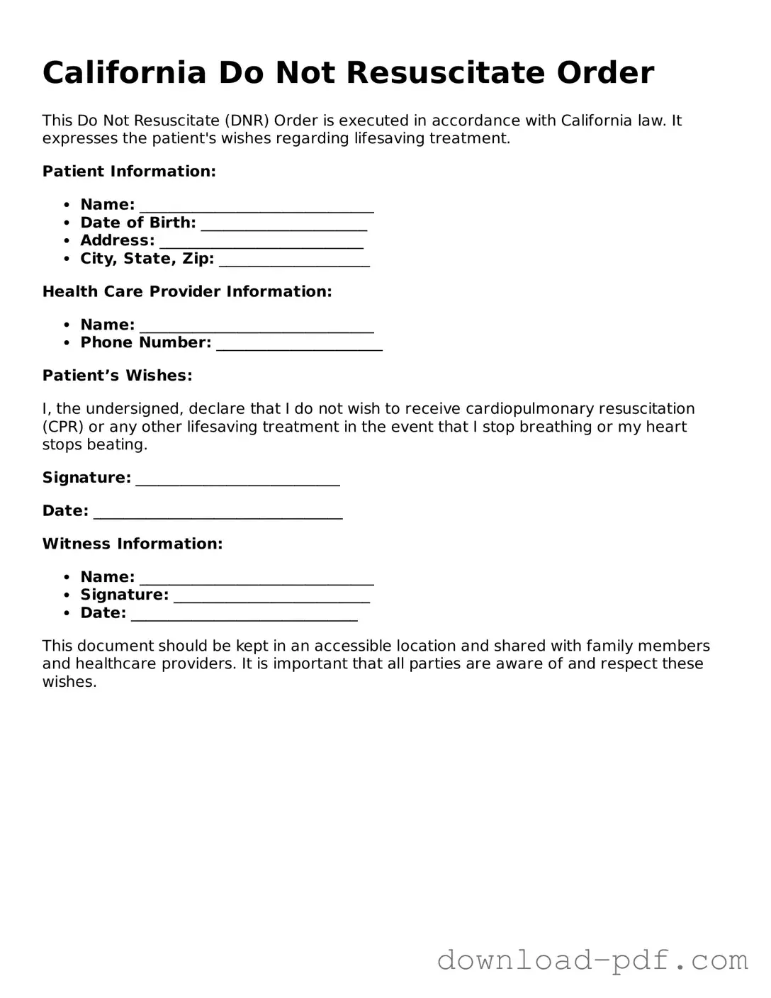 California Do Not Resuscitate Order Document