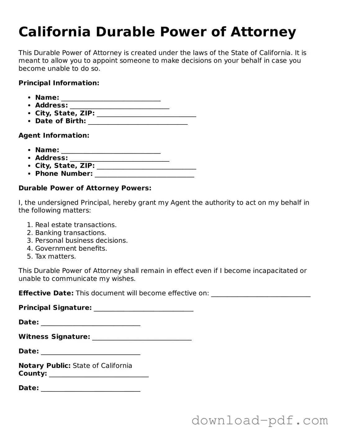 California Durable Power of Attorney Document