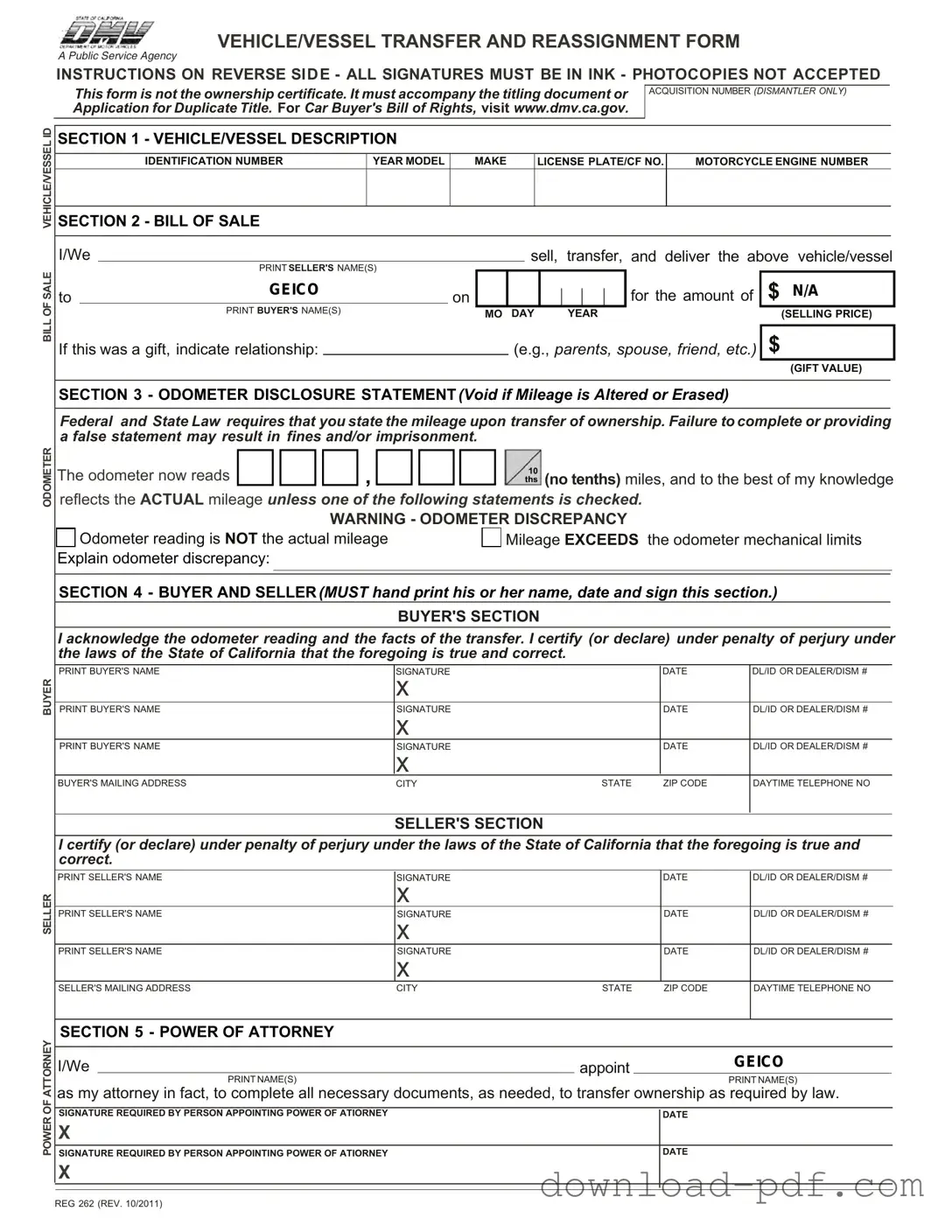 Get California Fotm Reg 262 Template in PDF