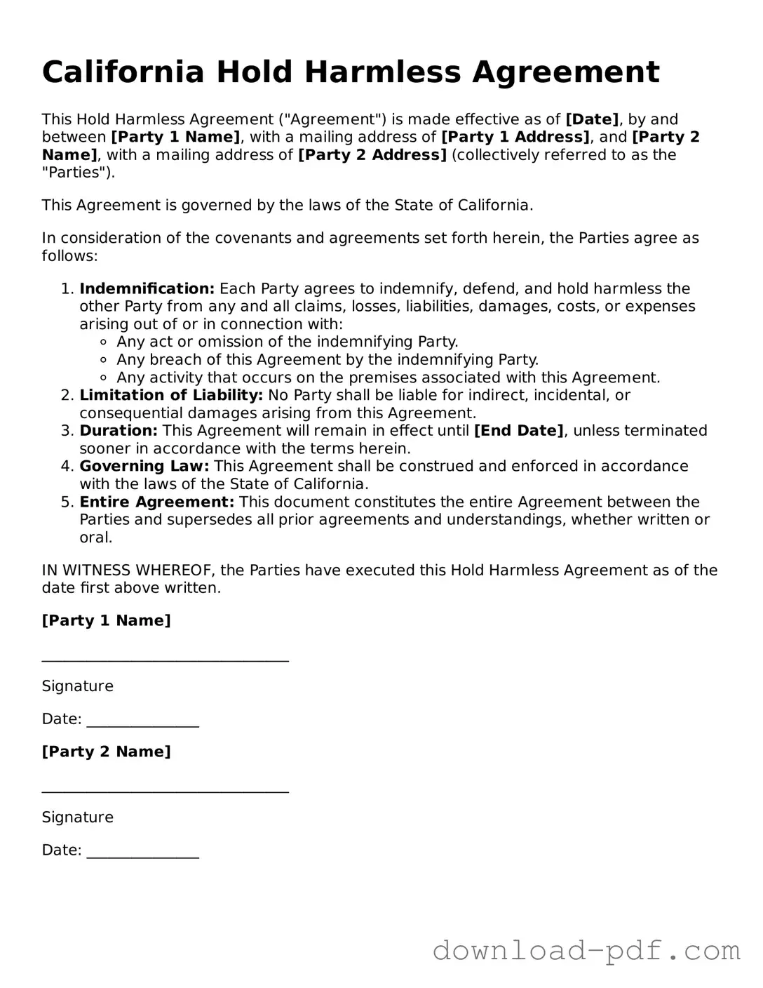 California Hold Harmless Agreement Document