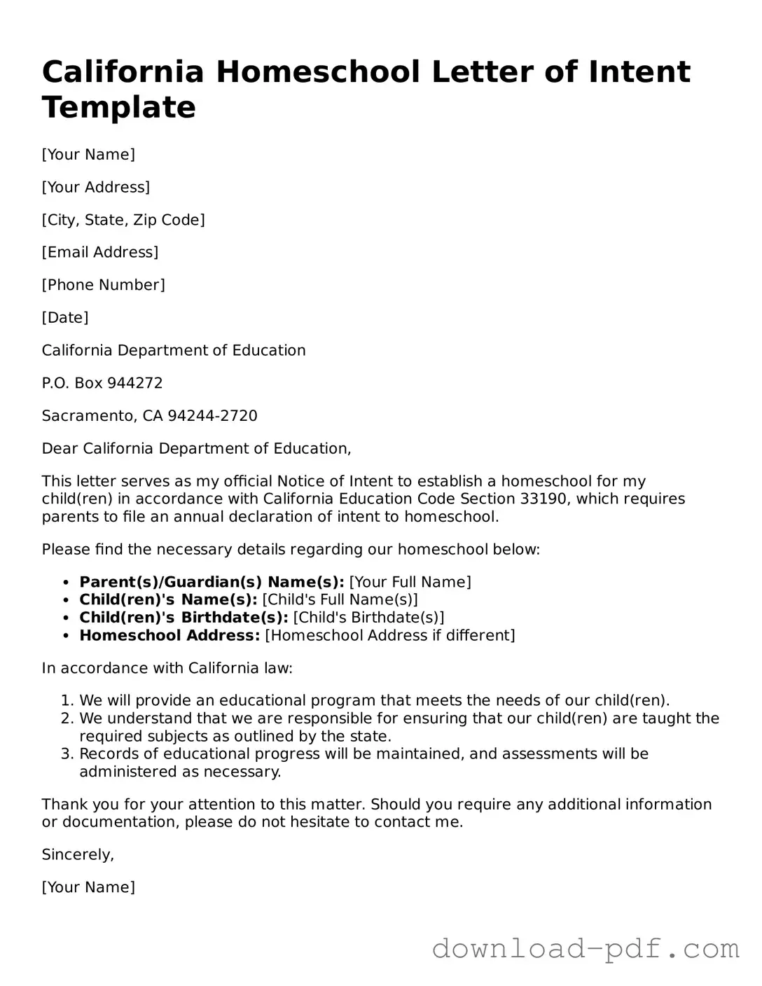 California Homeschool Letter of Intent Document