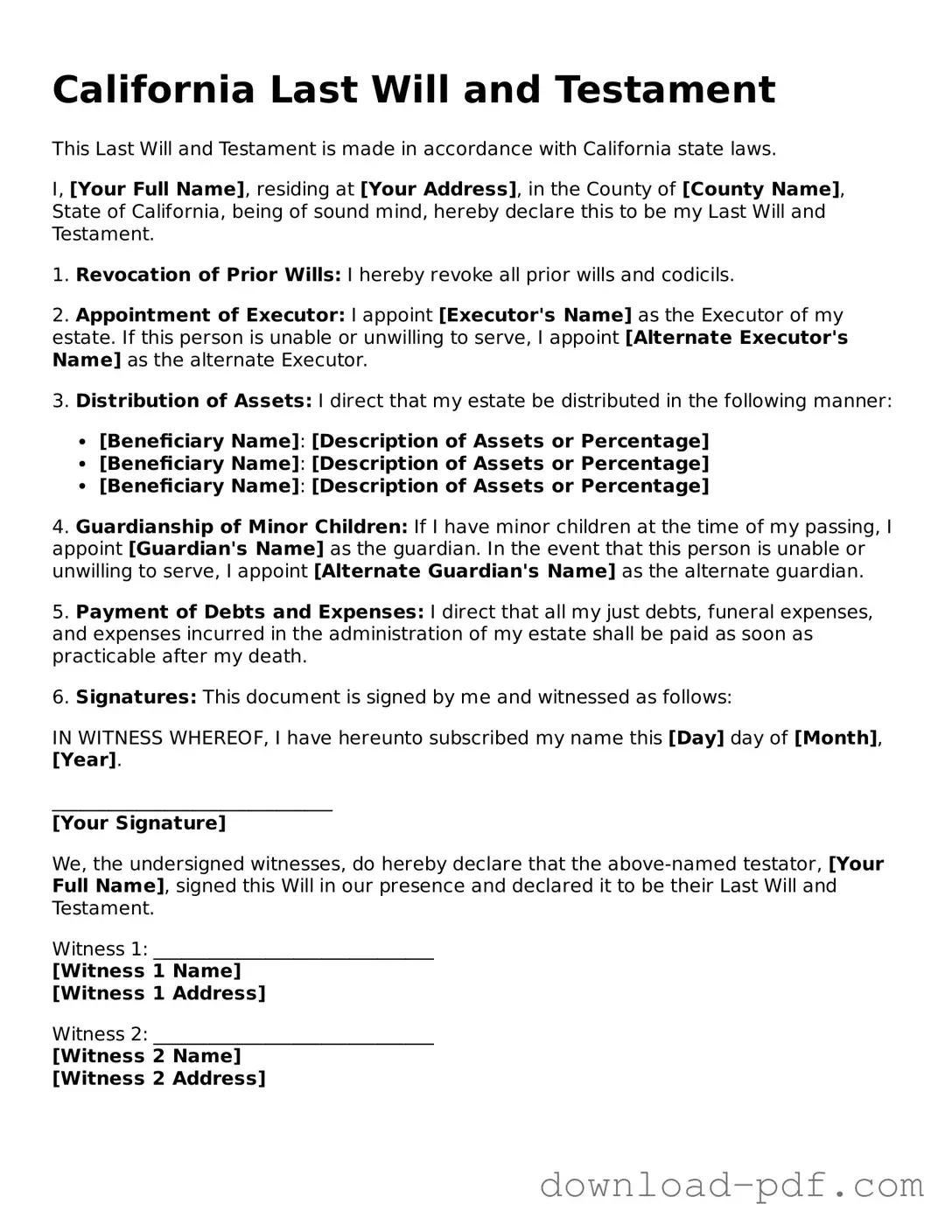 California Last Will and Testament Document