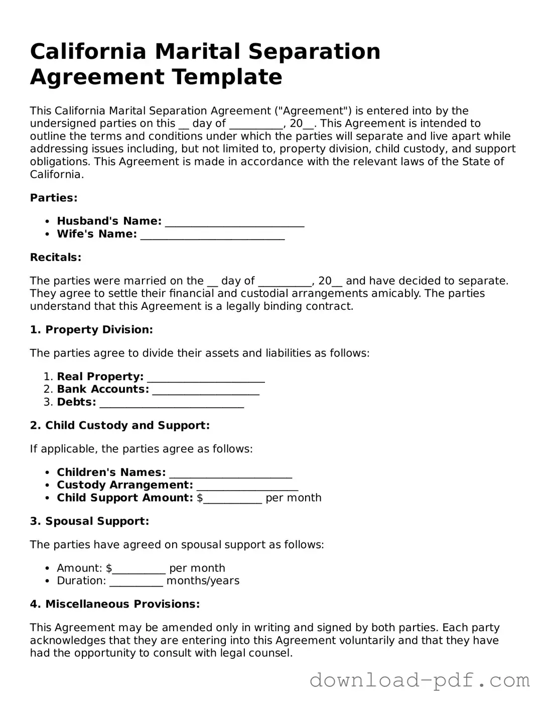 California Marital Separation Agreement Document