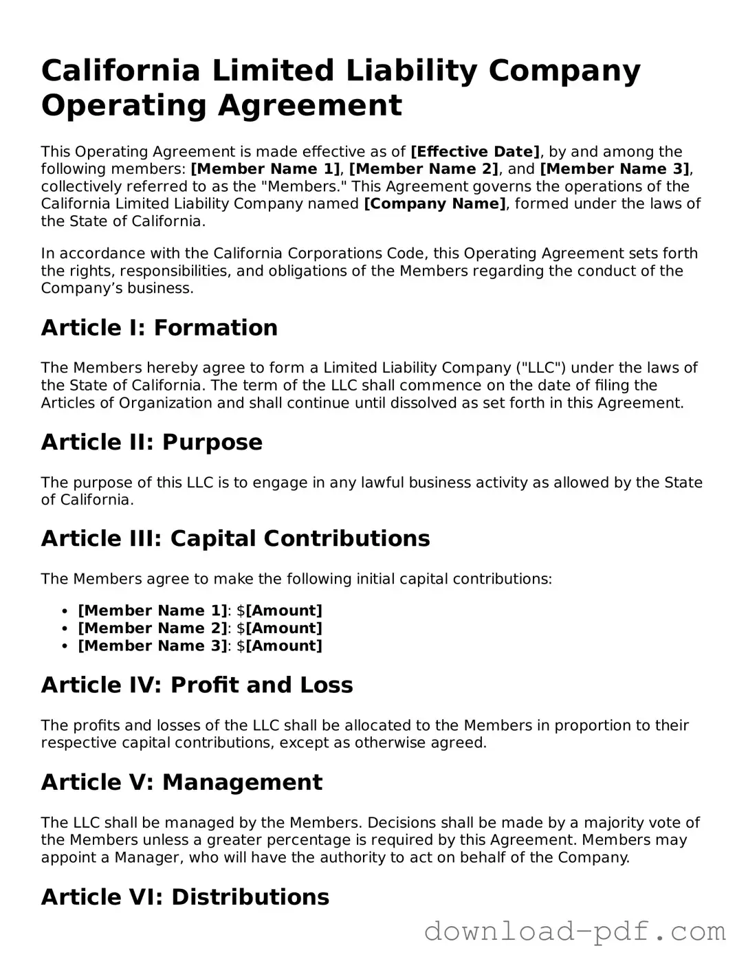 California Operating Agreement Document