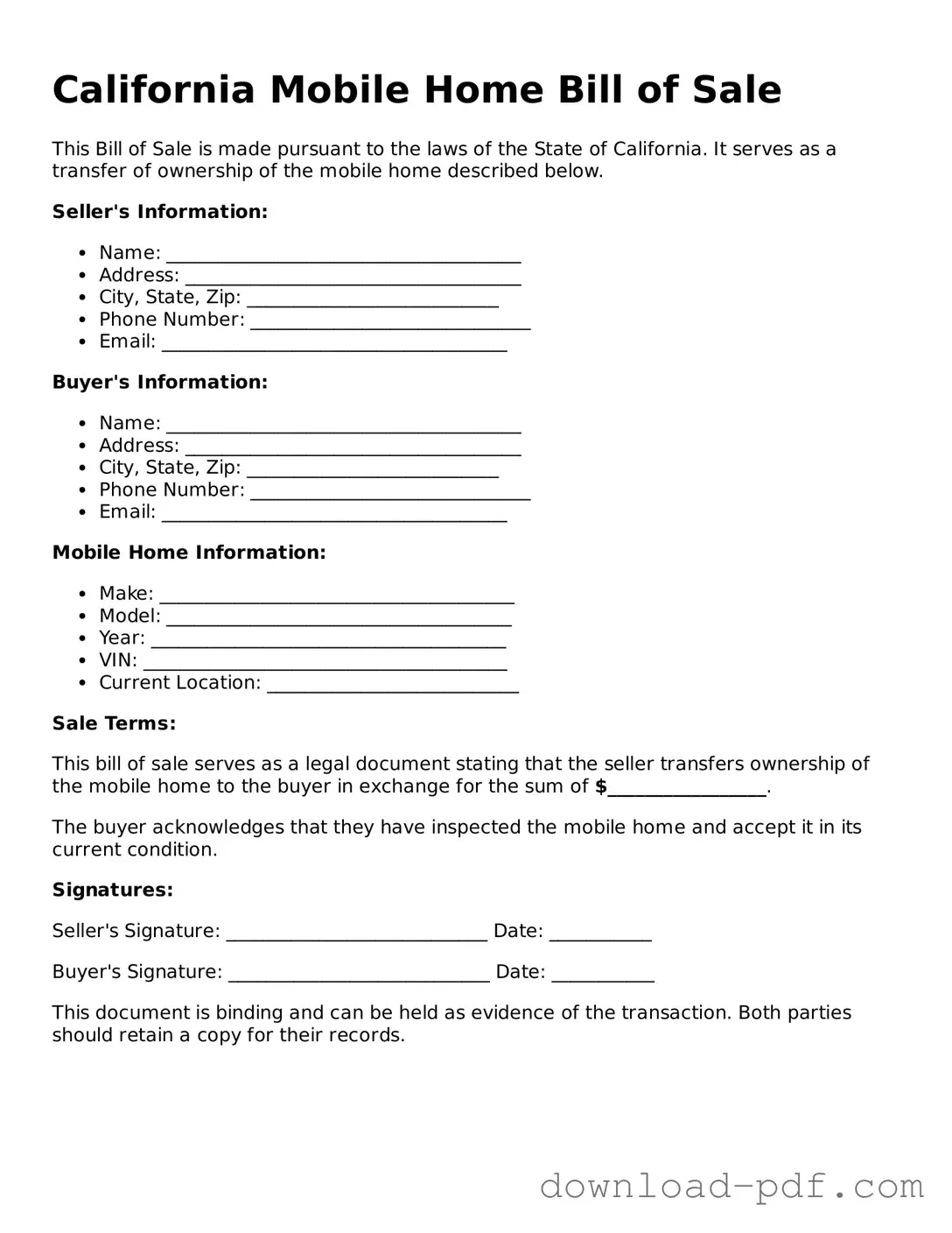 California Mobile Home Bill of Sale Document