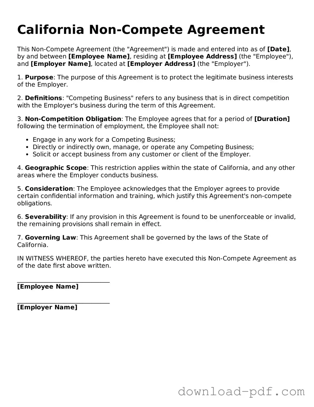 California Non-compete Agreement Document