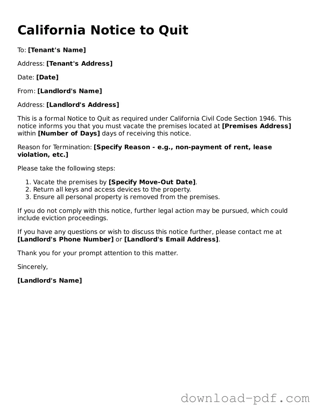 California Notice to Quit Document