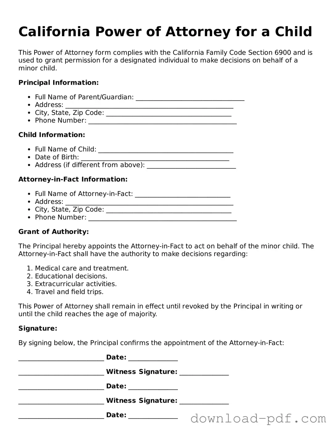 California Power of Attorney for a Child Document