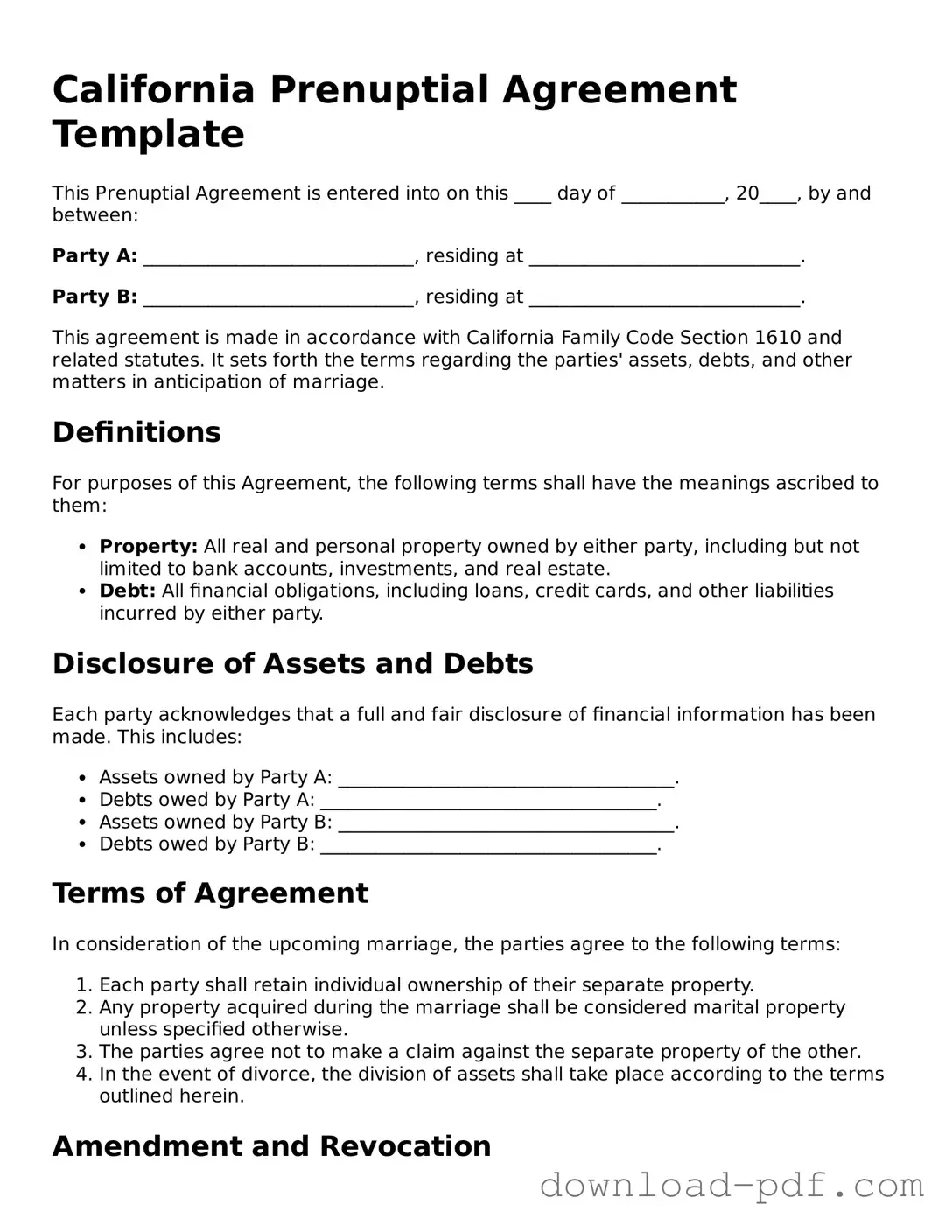 California Prenuptial Agreement Document