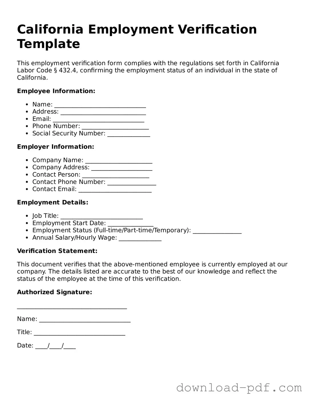 California Employment Verification Document
