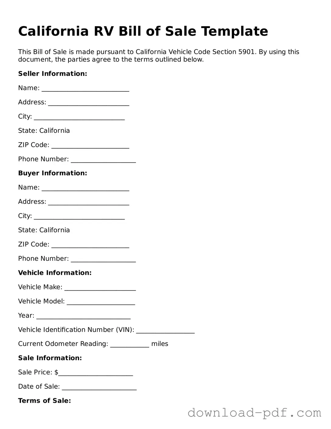 California RV Bill of Sale Document