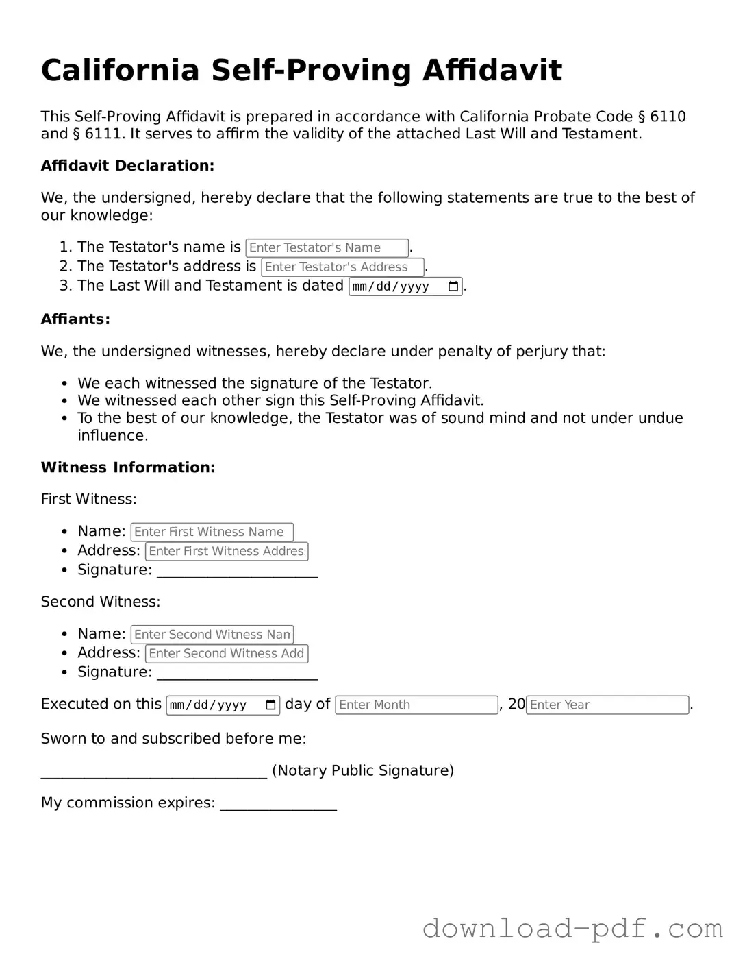 California Self-Proving Affidavit Document
