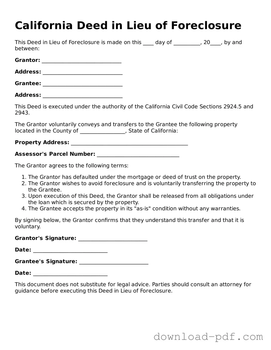 California Deed in Lieu of Foreclosure Document