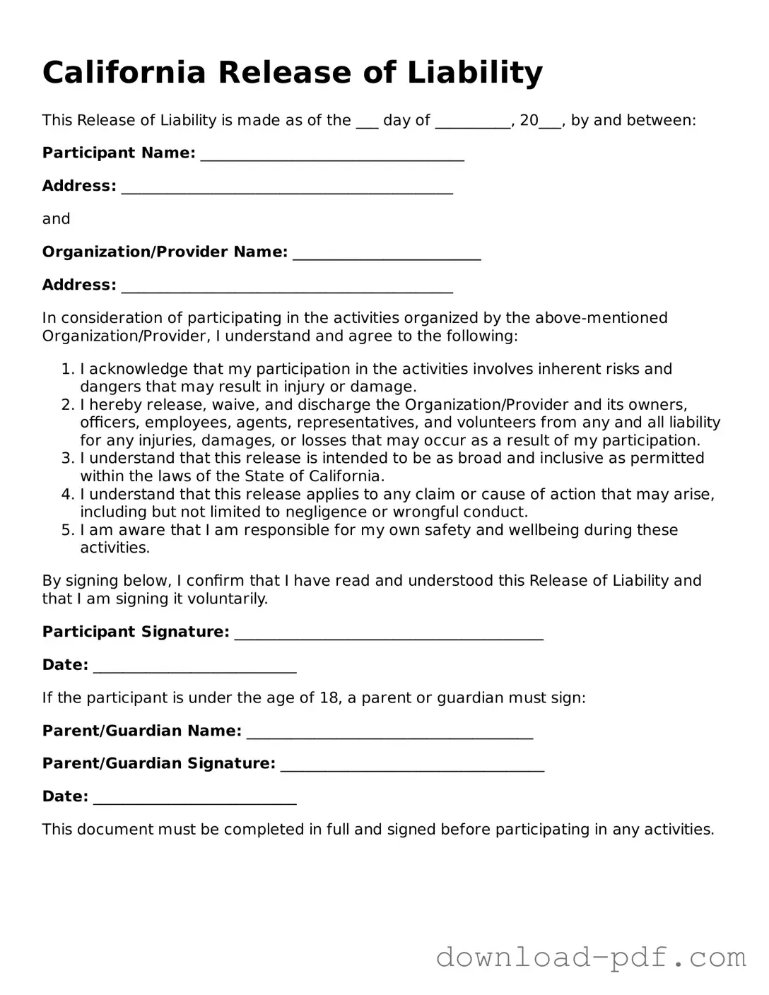 California Release of Liability Document