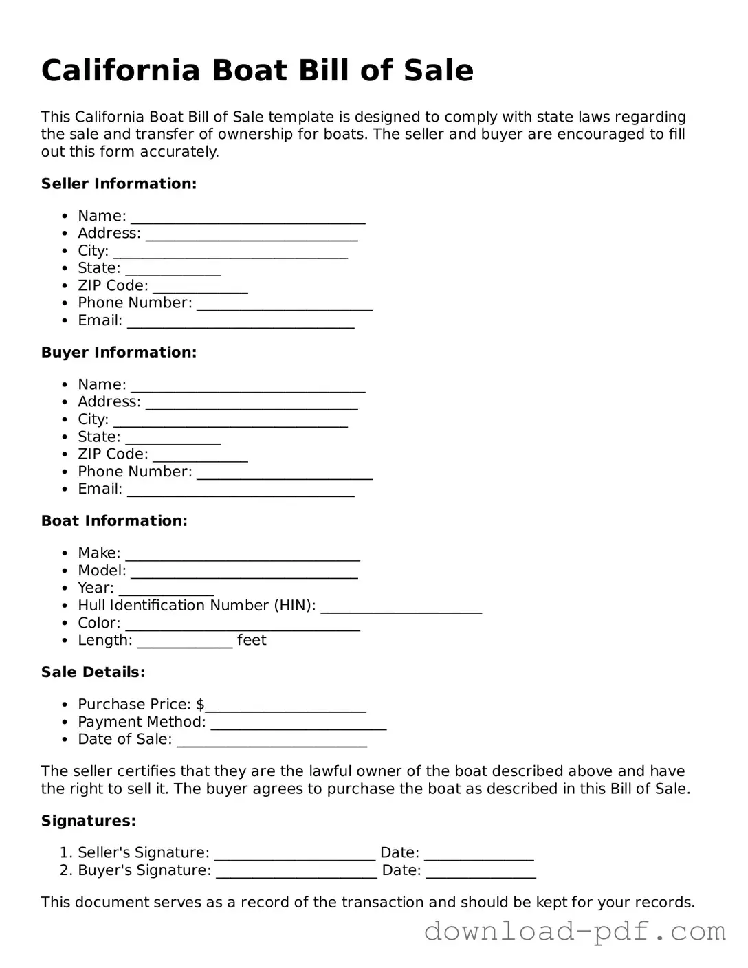 California Boat Bill of Sale Document