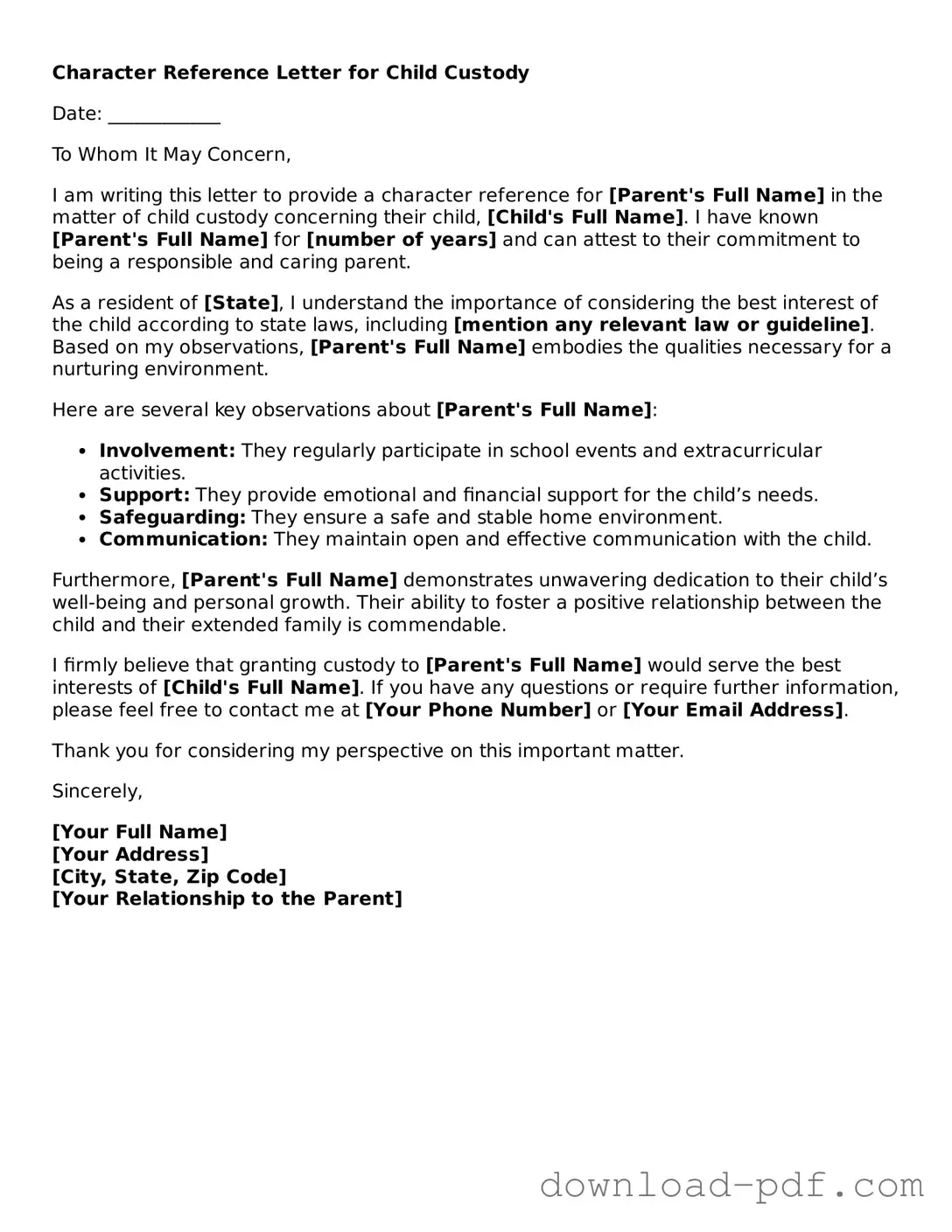 Free Character Reference Letter for Child Custody Template