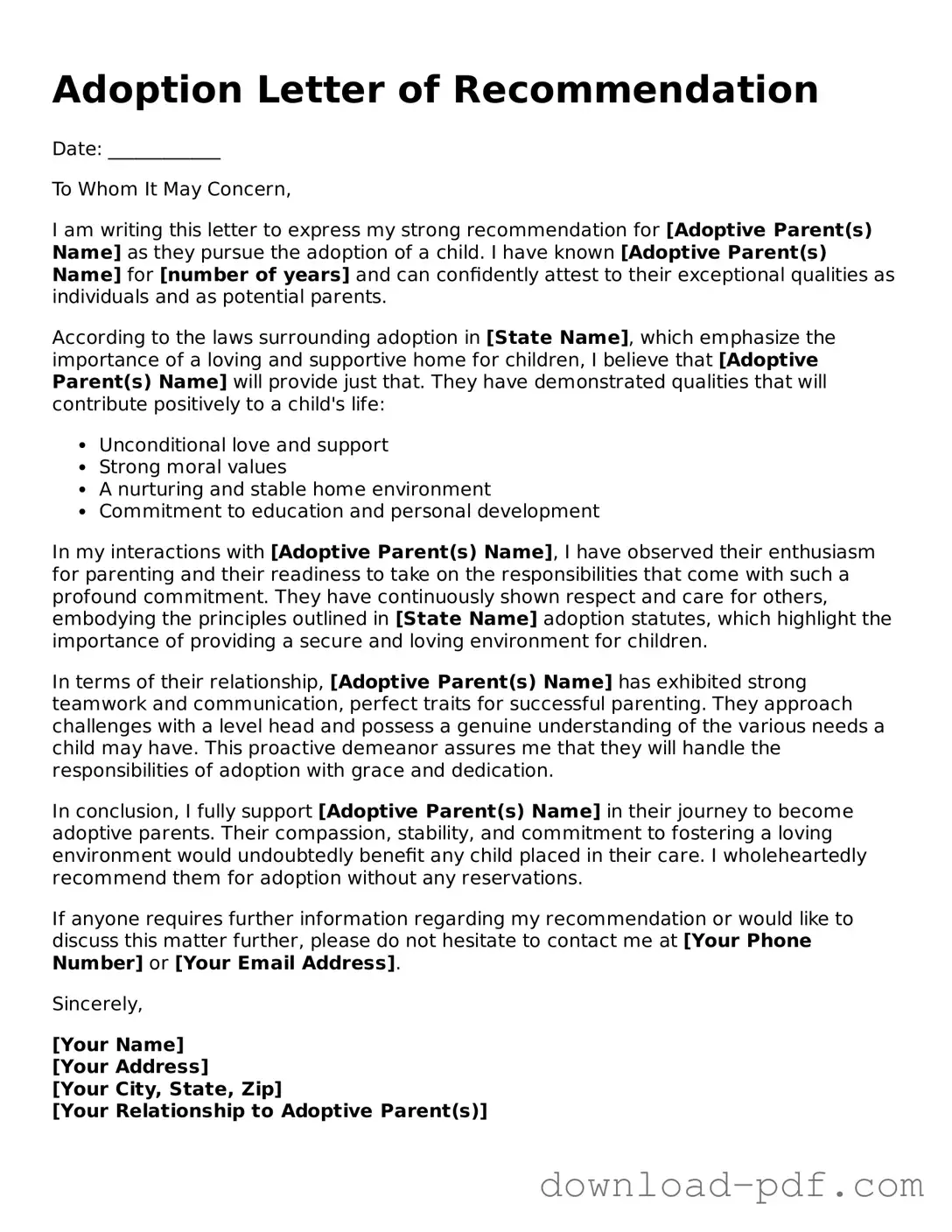 Free Adoption Letter of Recommendation Template