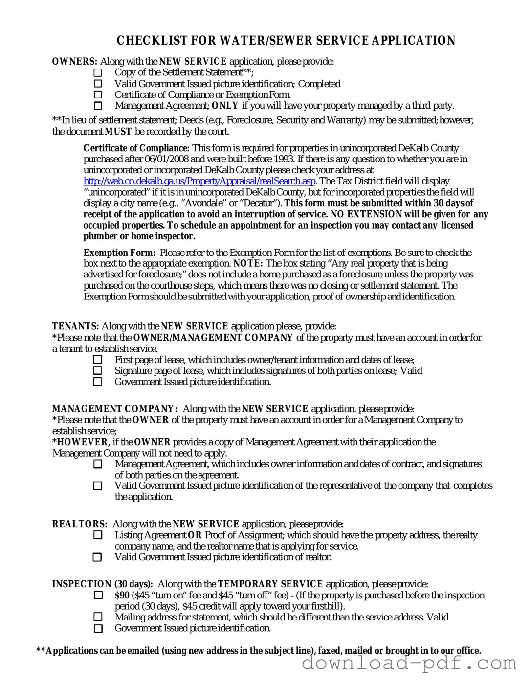 Get Dekalb County Water Application Template in PDF
