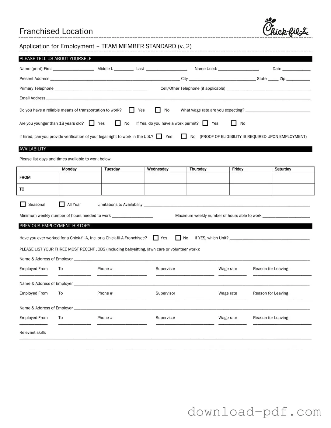 Get Chick Fil A Job Application Template in PDF