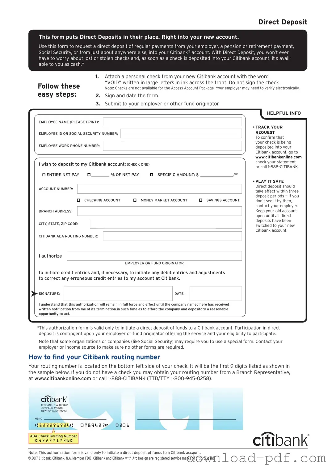 Get Citibank Direct Deposit Template in PDF