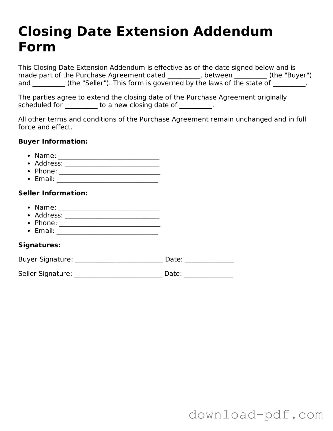 Free Closing Date Extension Addendum Form Template