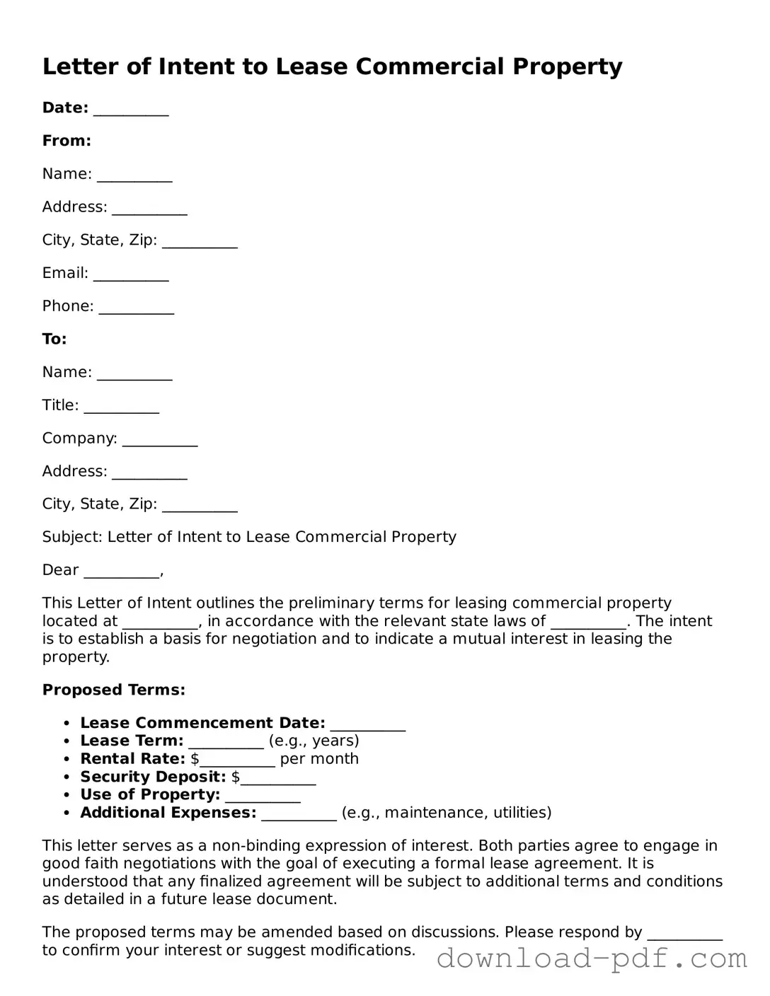 Free Letter of Intent to Lease Commercial Property Template