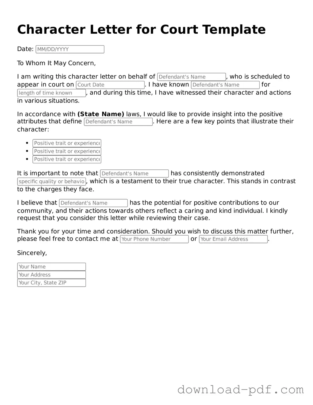 Free Character Letter for Court Template